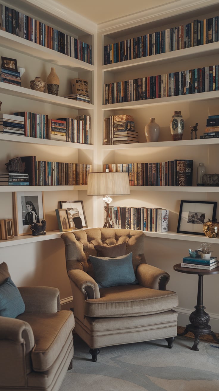 Inspiring Ideas for a Home Library 25 Inspiring Ideas for a Home Library Cozy home library corner with built-in shelves, armchair, and personal decor, image