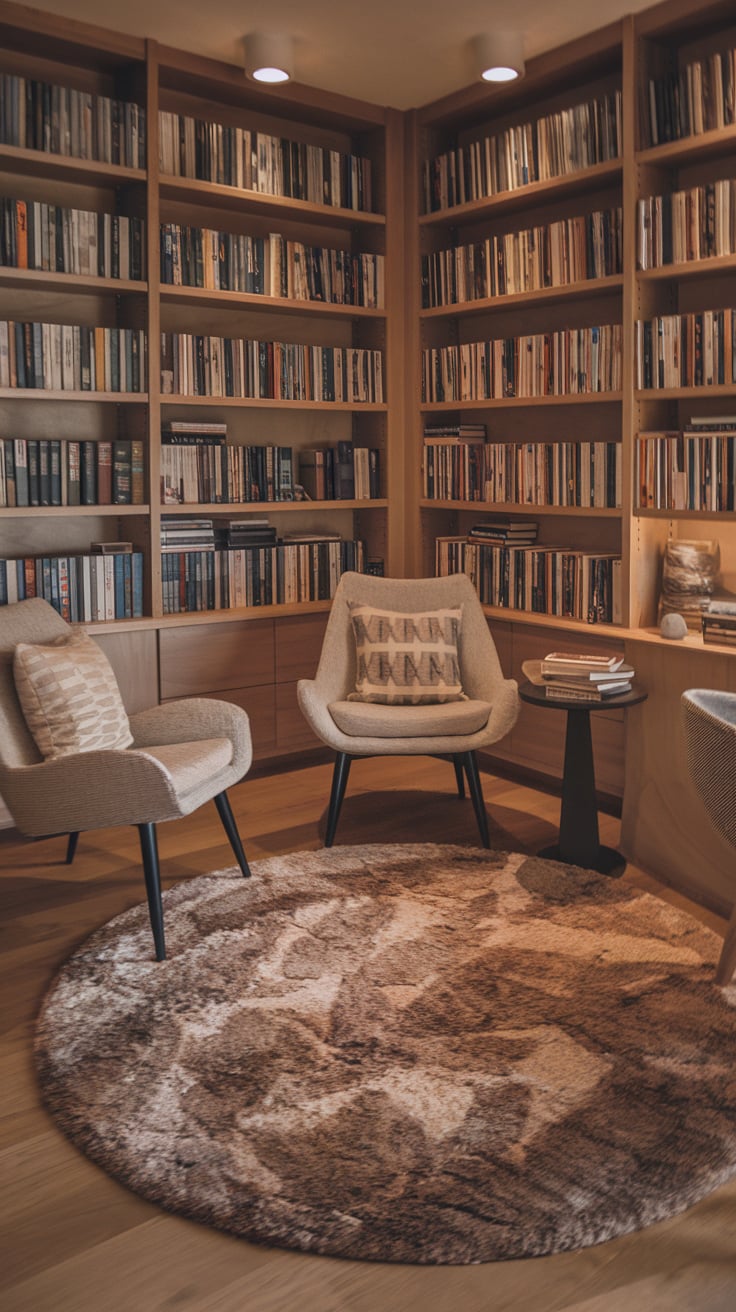 Inspiring Ideas for a Home Library 27 Inspiring Ideas for a Home Library Modern home library with mid-century chairs and floor-to-ceiling bookshelves, image