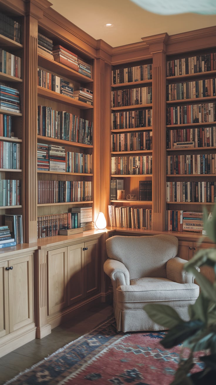 Inspiring Ideas for a Home Library 28 Inspiring Ideas for a Home Library Traditional home library with rich wood shelves and overstuffed armchair, photo