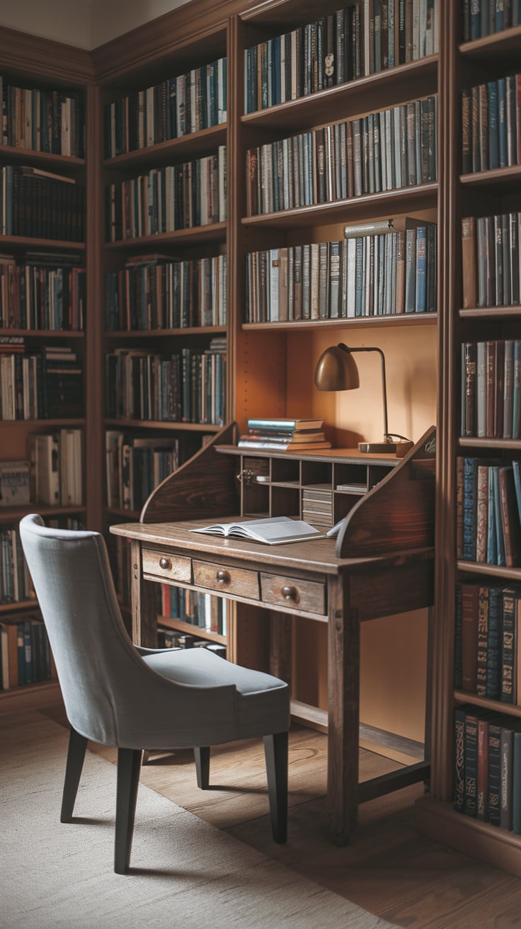 Inspiring Ideas for a Home Library 30 Inspiring Ideas for a Home Library Vintage home library with roll-top desk and floor-to-ceiling bookshelves, photo