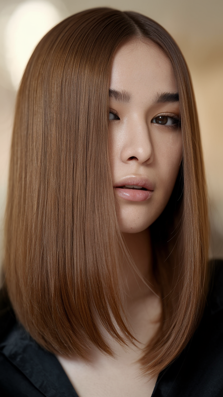 Photo of chestnut brown hair, a soft reddish-brown hue that’s ideal for cozy and romantic brown hair with color ideas.