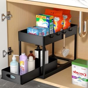 under-sink two-tier organizer for kitchen storage and cleaning supplies