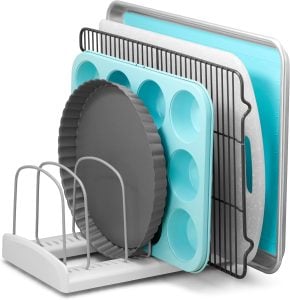 filing rack for bakeware and kitchen storage organization