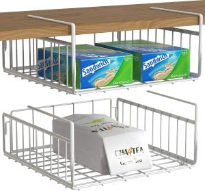 under-shelf baskets for cupboard organization in small kitchens