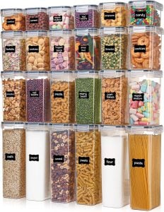 clear containers and labels for pantry organization and small kitchen storage