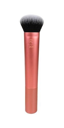 Foundation brush with flat or slightly rounded bristles for even application of liquid or cream foundations, like the Real Techniques Expert Face Brush.
