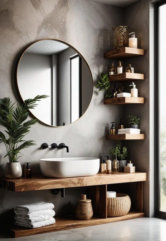 Floating wooden shelves for stylish bathroom storage ideas in small bathrooms.