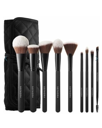 Sephora Collection Ready to Roll Brush Set with 10 pieces and a convenient case, perfect for face and eye makeup, ideal for travel or everyday use.