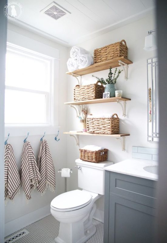 Woven baskets and storage ideas for small bathrooms and stylish bathroom organization.