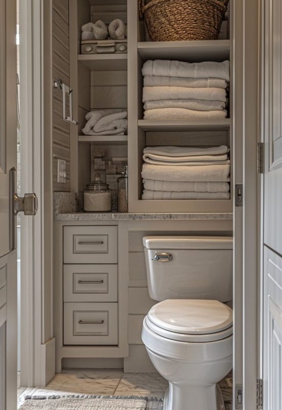 Small bathroom storage ideas with built-in shelving above toilet for efficient storage.