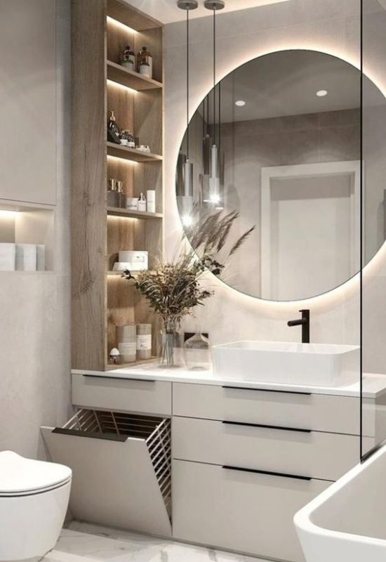 Modern bathroom storage ideas with vanity and open shelves for small bathroom storage.