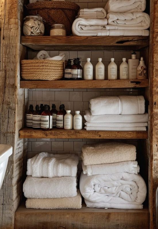 Recessed shelving with ambient lighting for modern bathroom storage ideas and stylish small bathrooms.